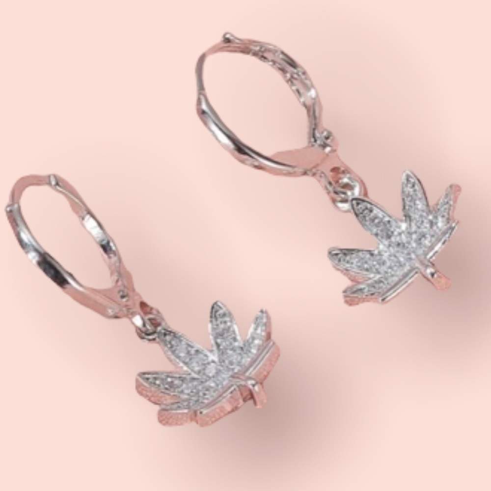 Rhinestone Encrusted Silver Leaf Design Dangle Drop Huggie Cuff Style Earrings